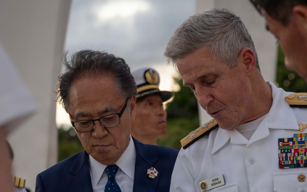 Katsuaki Kamiji, mayor of the city of Yokosuka, visits the USS Arizona Memorial with Adm. Steve Koehler, commander, U.S. Pacific Fleet