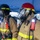 USS Hampton Conducts Fire Prevention Drill The image shows multiple firefighters in full personal protective equipment (PPE) standing in formation under a blue canopy tent. They are wearing turnout gear, full-face respirator masks, SCBA (Self-Contained Breathing Apparatus) equipment, and helmets in black and red. The setting appears to be an outdoor staging area, possibly during a drill, training exercise, or pre-deployment briefing.