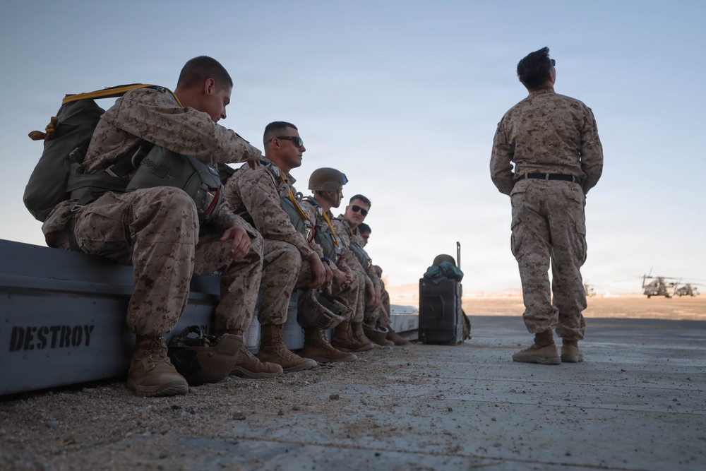 U.S. Marines with Combat Logistics Battalion 2 conduct a personnel jump at MCAGCC