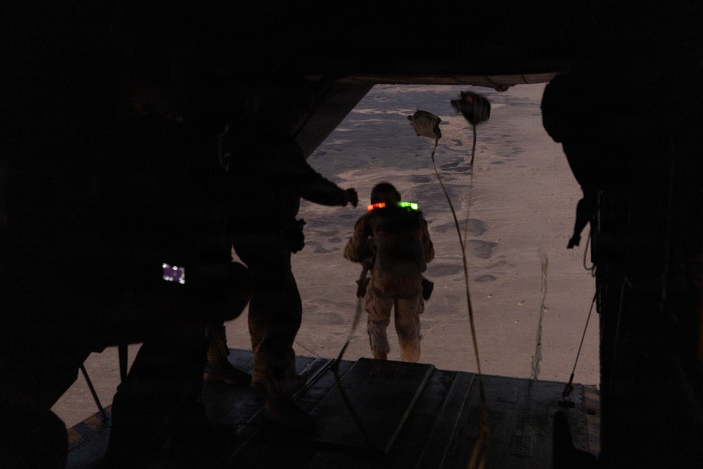 U.S. Marines with Combat Logistics Battalion 2 conduct a personnel jump at MCAGCC