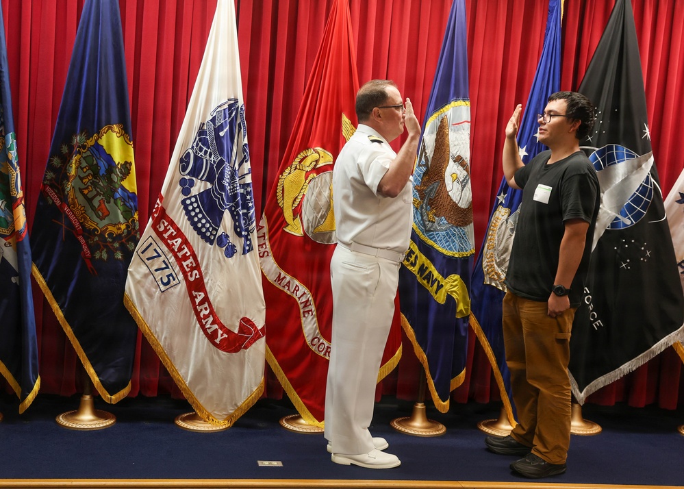 Navy Captain administers Oath of Enlistment for Son on Last Day of Navy Career