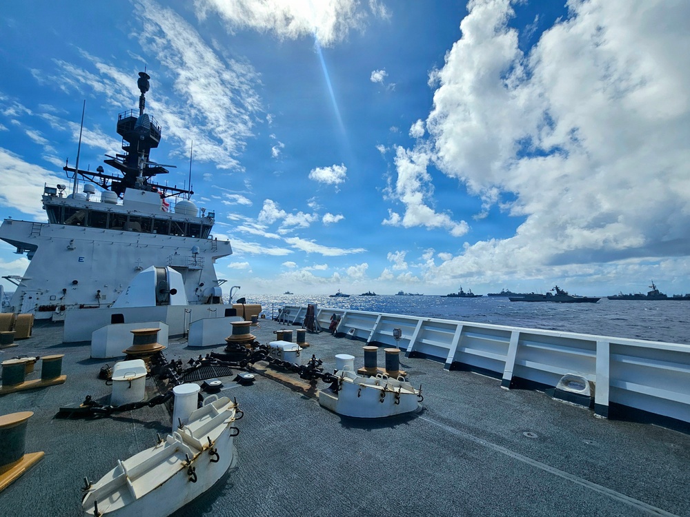 U.S. Coast Guard Cutter Kimball (WMSL 756) sails with multinational ships in formation during RIMPAC 2026