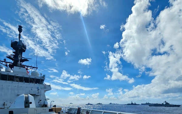 U.S. Coast Guard Cutter Kimball (WMSL 756) sails with multinational ships in formation during RIMPAC 2026