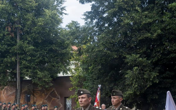 U.S. Army Soldiers participate at a memorial ceremony in Poland