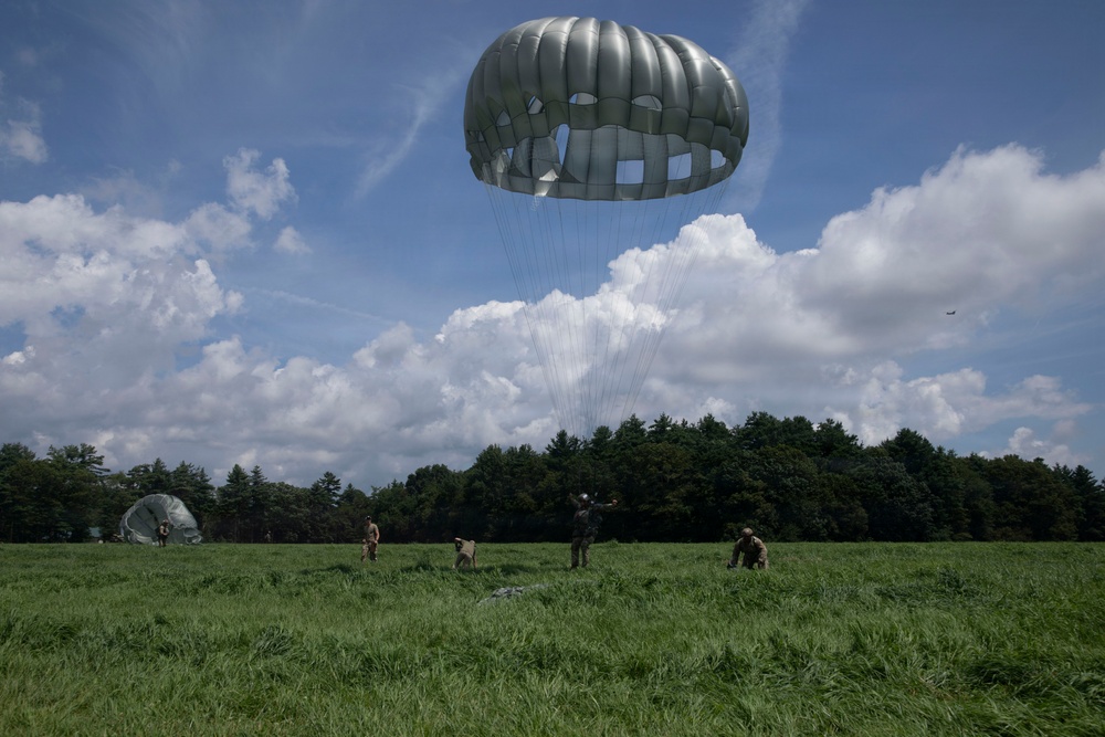 A military parachute operation is underway on a green open field surrounded by dense tree line. A large olive/silver round parachute canopy is fully deployed and descending, while several soldiers in camouflage uniforms are on the ground managing equipment. A second collapsed parachute is visible to the left, and what appears to be an aircraft is faintly visible in the upper right sky.