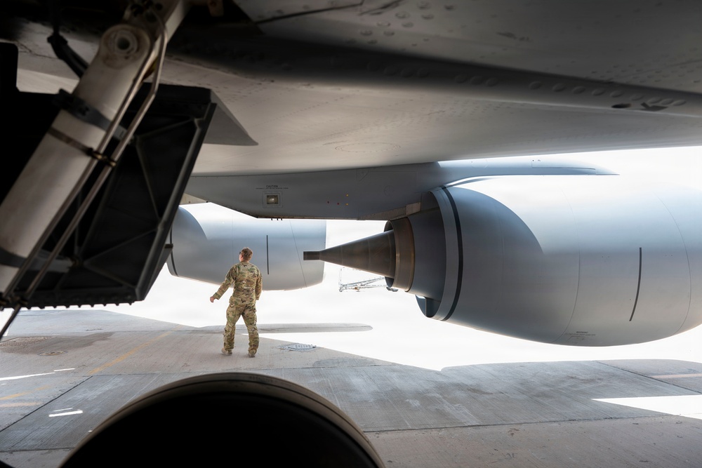 KC-135 refuels U.S. Navy fighters in the CENTCOM area of responsibility
