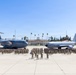A large group of U.S. Air Force personnel are assembled on a flight line apron at March Field Air Reserve Base in California, posing for a formal group photograph. Two U.S. Air Force aircraft are prominently displayed — a C-17 Globemaster III on the left (tail number 5144) and a KC-135 Stratotanker on the right — both bearing colorful unit insignia. The historic March Field administration building with a flagpole flying the American flag is visible in the background.