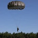 A military paratrooper is descending under a large olive-drab/khaki round parachute against a clear blue sky. The jumper appears to be approaching a landing zone just above a treeline of dense evergreen trees. The parachute is fully deployed and appears to be a standard military static-line round canopy.