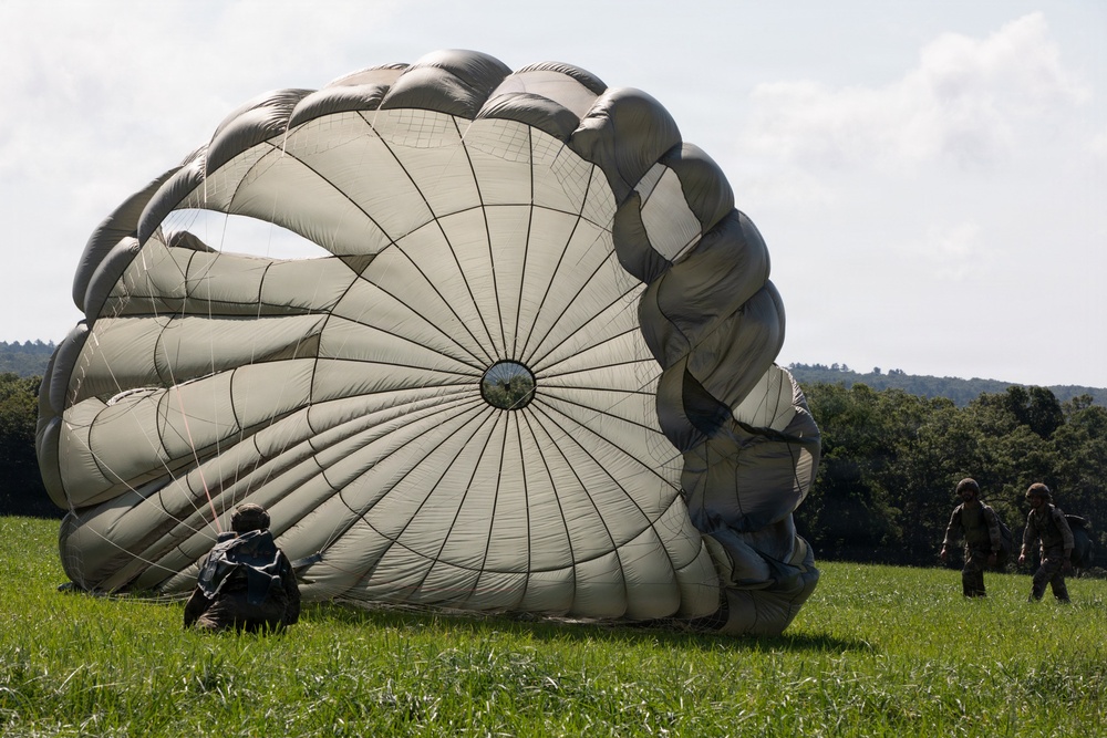 A large military parachute has landed and is still partially inflated on a green grassy field. At least three personnel in military uniforms are visible around the canopy, appearing to manage or recover the parachute after a jump. The setting is a rural open field with tree lines and hills visible in the background under a partly cloudy sky.