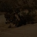 A low-light nighttime image showing what appears to be two military personnel in full combat gear crouching or kneeling on sandy terrain near sparse desert vegetation. At least one individual is visibly equipped with night vision goggles mounted on their helmet. The scene suggests a nighttime tactical operation or training exercise in an arid environment.