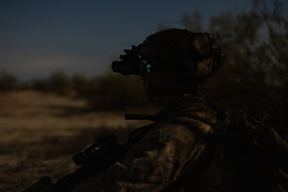 A military or law enforcement operator is photographed at dusk or nighttime wearing full tactical gear including a helmet-mounted night vision device (NVD) with visible green/teal phosphor glow from the eyepiece. The subject is facing left in profile view, appearing to be on patrol or conducting surveillance in an open, arid terrain. The low-light conditions and silhouette composition emphasize the operational nature of the scene.
