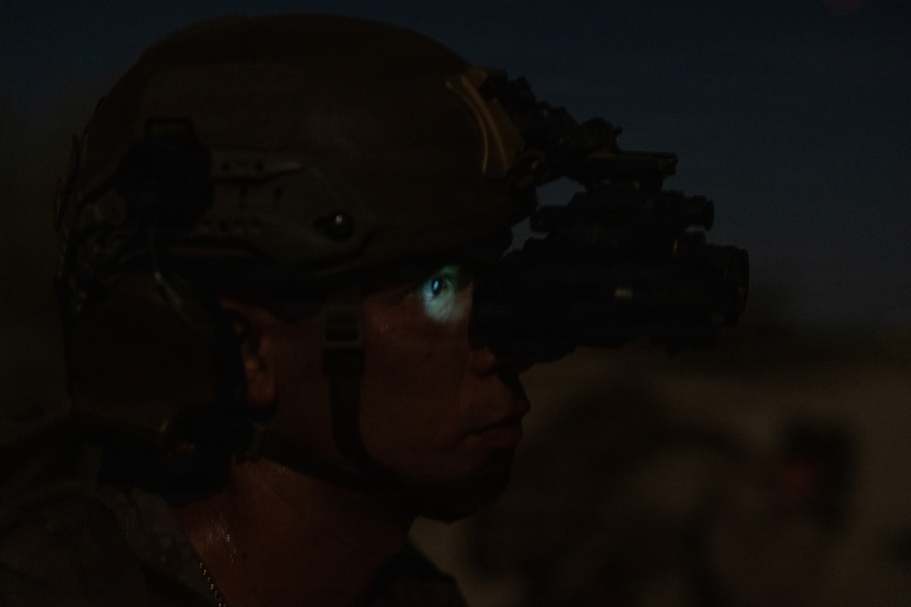 A military or law enforcement operator is photographed at night wearing a tactical helmet mounted with night vision goggles (NVG). The green-blue glow visible through the NVG eyepiece indicates the device is active and in use. The image is taken in low-light/dusk conditions, highlighting the operator's profile against a dark sky.