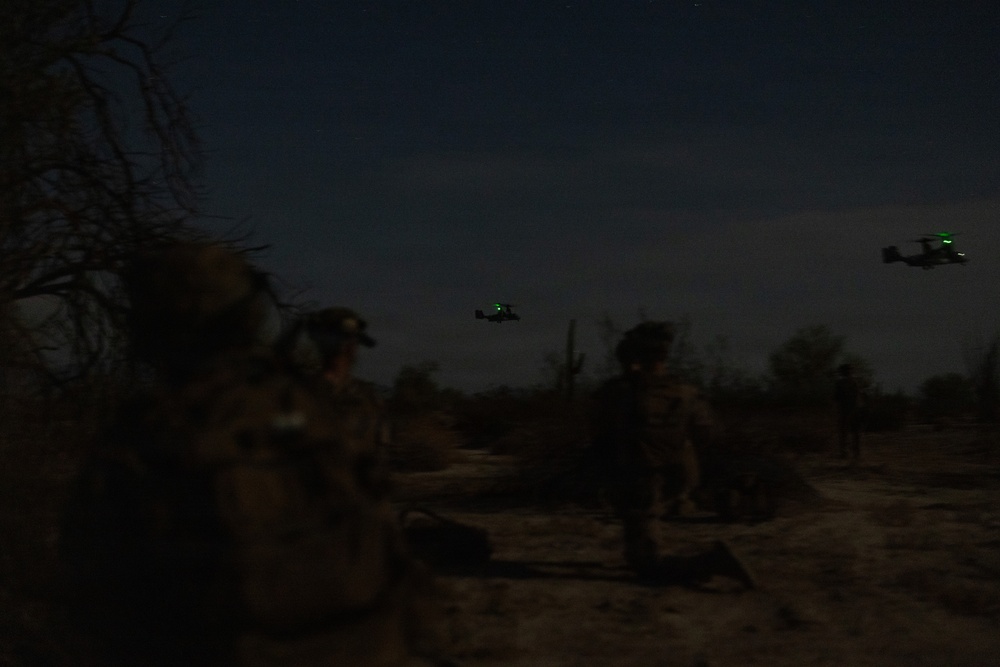 A nighttime military operation showing armed personnel on the ground with at least two helicopters visible in the sky, identifiable by their green navigation lights. The scene appears to be a tactical insertion or extraction operation in an arid, sparsely vegetated terrain. Extremely low ambient light makes fine details difficult to discern.