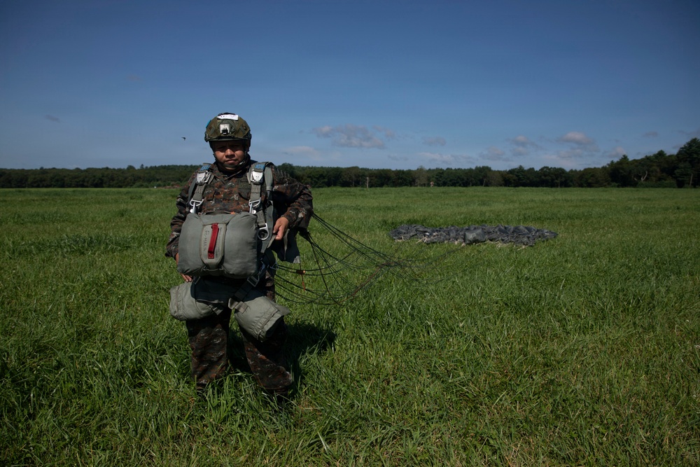 A military paratrooper stands in an open green field after a landing, holding parachute suspension lines in one hand. The soldier is wearing full combat gear including a tactical helmet with a mounted device, camouflage uniform, harness, and multiple equipment pouches. A collapsed dark parachute canopy is visible on the ground behind them.