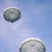 Two military paratroopers are descending through a partly cloudy blue sky using round, olive-green/sage colored parachutes. The image is taken from a low angle looking upward, providing a clear view of both fully deployed canopies. Both jumpers appear to be in full military gear and equipment.