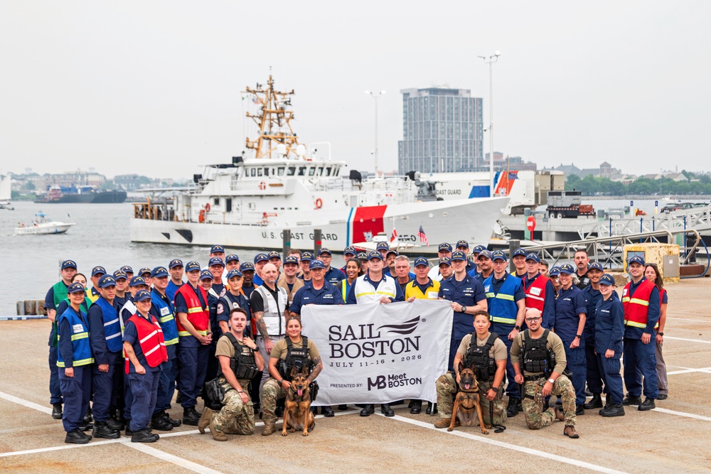 Coast Guard Personnel Pose for Sail Boston 2026 Group Photo