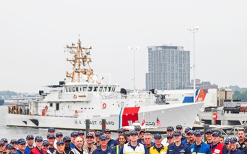 Coast Guard Personnel Pose for Sail Boston 2026 Group Photo