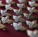 The image shows a large collection of military parachutist wings badges arranged on a dark red/burgundy velvet surface. Each badge features a central oval medallion depicting a parachute, flanked by outstretched wings on both sides. The badges appear to be made of oxidized silver and gold-toned metal, likely prepared for an award or graduation ceremony.