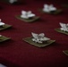 The image shows multiple military parachutist qualification badges (jump wings) mounted on olive green fabric patches, arranged in rows on a dark red/burgundy surface. The silver metal badges feature a parachute with wings design, consistent with airborne infantry insignia. This appears to be a preparation layout for an awards or graduation ceremony.