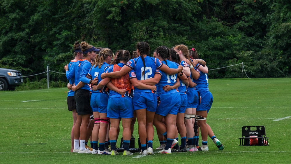 U.S. Coast Guard Women's Rugby Team Huddles After Match