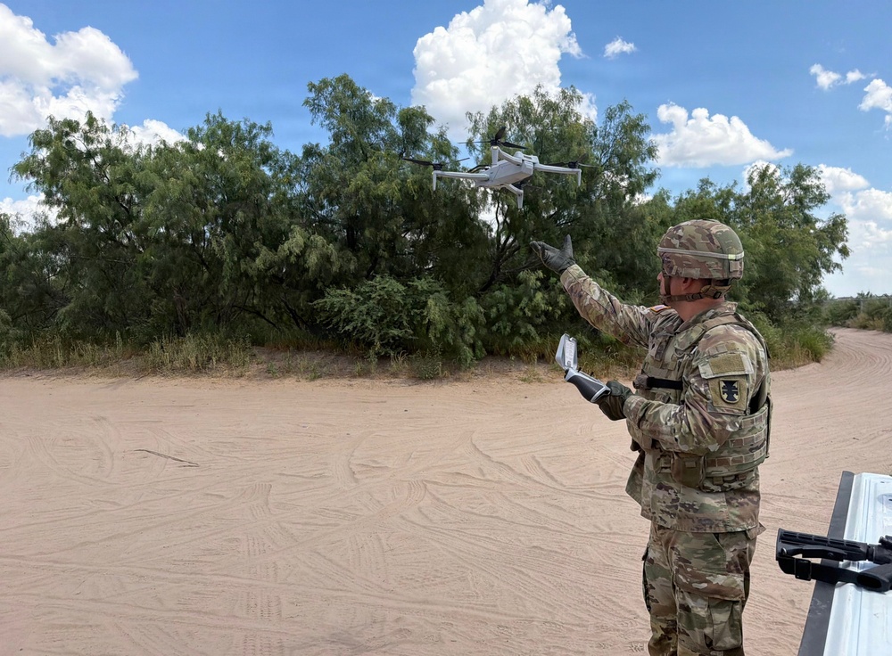 U.S. Army Soldiers assigned to JTF-SB operate unmanned aircraft in Eagle Pass, Texas to protect the U.S. border