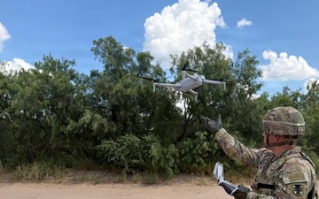 U.S. Army Soldiers assigned to JTF-SB operate unmanned aircraft in Eagle Pass, Texas to protect the U.S. border