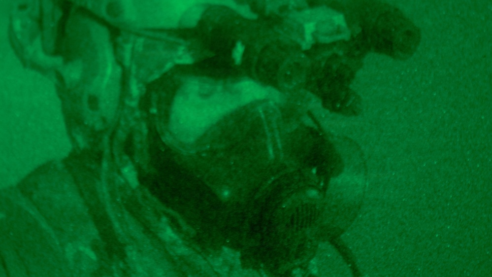 A night-vision captured image showing what appears to be a military or tactical operator wearing specialized equipment. The image is rendered entirely in green monochrome tones characteristic of night-vision optics. The subject appears to be wearing a helmet with mounted devices and a face mask or respirator.