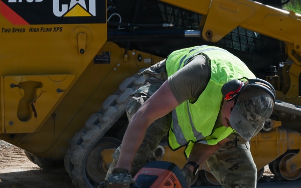 A worker in military camouflage uniform and high-visibility safety vest is using a STIHL concrete cut-off saw to cut through a concrete slab at a construction site. A yellow Caterpillar skid steer loader (Two Speed High Flow XPS model) is visible in the background. The worker is wearing hearing protection and a military-style cap while performing the cutting operation.