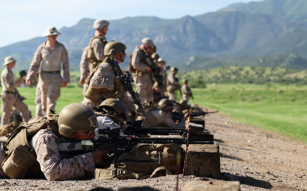 Military personnel in desert camouflage uniforms are conducting a rifle range training exercise. Several soldiers are in the prone position firing rifles downrange while others stand behind them, likely acting as instructors or awaiting their turn. The setting appears to be an outdoor firing range with mountainous terrain visible in the background.