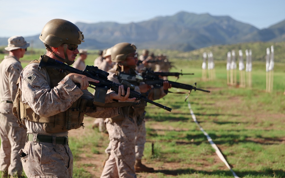 A group of military personnel in desert camouflage uniforms are conducting a rifle marksmanship training exercise on an outdoor firing range. Multiple shooters are lined up in a row, aiming rifles downrange toward white target stands. The setting appears to be a military training facility with mountainous terrain visible in the background.