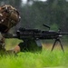 A soldier in multicam camouflage uniform is in a prone firing position in a grassy field during rainfall. The soldier is aiming what appears to be an M249 Squad Automatic Weapon (SAW) or similar light machine gun mounted on a bipod. The image captures a training or operational scenario in wet, outdoor conditions.