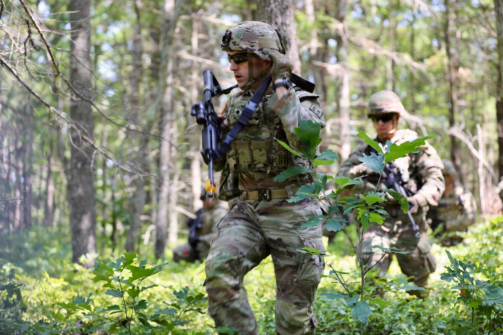The image shows multiple soldiers in full combat gear moving through a forested area during what appears to be a military training exercise. They are wearing OCP (Operational Camouflage Pattern) uniforms and carrying assault rifles while navigating through dense woodland undergrowth. The scene suggests a patrol or tactical movement drill in a temperate forest environment.