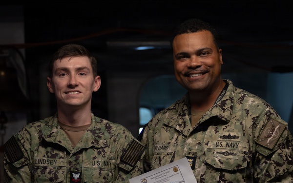 USS John C. Stennis (CVN 74) recognizes ETN2 Lindsey