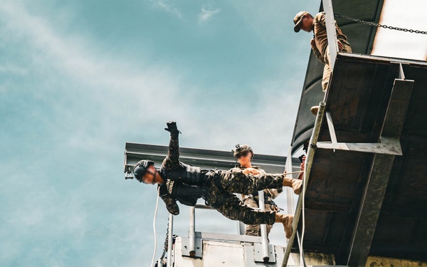 The image is taken from a low angle looking upward at military or tactical personnel conducting a rappelling or fast-rope training exercise from an elevated structure. One individual in dark tactical gear is actively descending over the edge while others in camouflage uniforms assist or observe from the platform above. The perspective creates a dramatic composition against a partly cloudy sky.