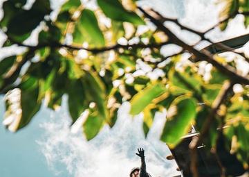 A low-angle photograph taken through tree foliage showing a person in military camouflage uniform rappelling from an elevated training tower. One individual is actively descending on a rope with one hand raised, while a second person in camouflage and helmet is visible on the platform above. The image is framed by green leaves in the foreground against a partly cloudy sky.