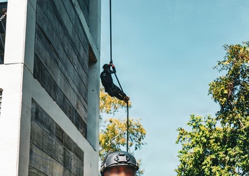 A tactical/special operations personnel in camouflage uniform and black body armor is kneeling in a low-ready position holding an assault rifle near a training structure. In the background, a second operator is rappelling down the side of a multi-story wooden-paneled training tower. The setting appears to be a military or law enforcement training facility with manicured grounds and additional personnel visible in the distance.