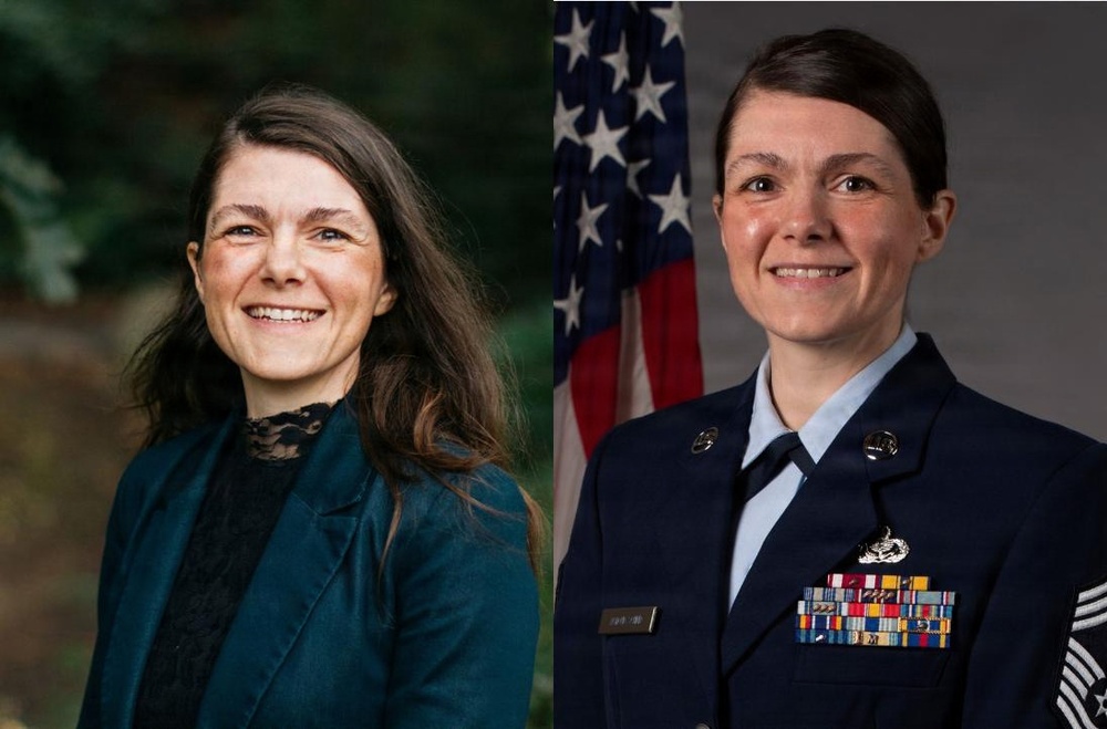 The image is a side-by-side composite of two women. The left photo shows a woman in casual professional attire outdoors, while the right photo is a formal military portrait of a woman in a US Air Force dress uniform with multiple service ribbons and medals, posed in front of an American flag.