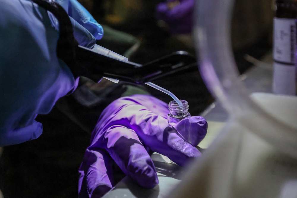 A close-up laboratory scene showing two gloved hands — one wearing a blue nitrile glove and one wearing a purple nitrile glove — performing a precise liquid transfer. A flexible tubing or pipette tip is being inserted into a small open glass vial held by the purple-gloved hand. The image is taken in low-light conditions with a shallow depth of field, suggesting a controlled laboratory or forensic environment.