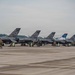 A row of F-16 Fighting Falcon jets belonging to the South Dakota Air National Guard are lined up on a flight line apron. Multiple ground crew personnel are visible performing maintenance and pre/post-flight servicing activities around the aircraft. One aircraft features a distinctive heritage tail marking with what appears to be a colonial-era flag design.