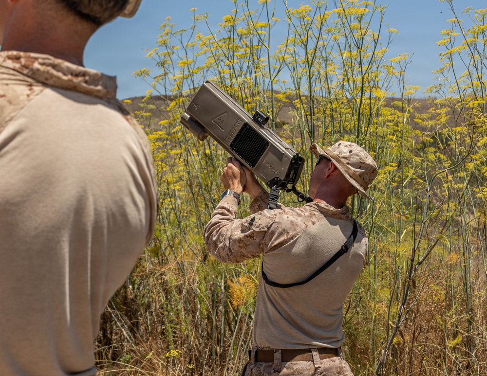 A military service member in desert camouflage (MARPAT pattern) is holding and aiming a shoulder-fired weapon system, likely a man-portable air defense system (MANPADS) or anti-drone launcher, skyward. A second individual in civilian clothing is observing from the foreground. The setting appears to be a dry, scrubland environment with yellow wildflowers and hills in the background.