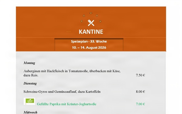 Kantine menu - 10-14 Aug