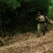 The image shows a group of armed individuals in camouflage uniforms moving along a dirt trail through dense forest vegetation. The photograph was taken with a slow shutter speed, resulting in significant motion blur on the foreground figures. Multiple personnel are visible extending into the background along the path.