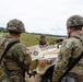 Three U.S. Army soldiers in OCP (Operational Camouflage Pattern) uniforms are gathered around a tan HMMWV (Humvee) in an open field training environment. One soldier is holding a paper shooting target with concentric circles, while another holds a radio device, and a third leans over the hood of the vehicle. A crew-served weapon is mounted on top of the Humvee.