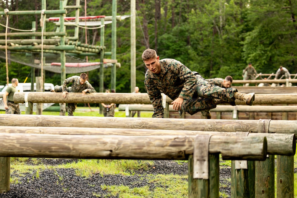 Military personnel in camouflage uniforms are navigating a wooden log obstacle course in an outdoor training environment. The foreground shows one soldier actively vaulting over parallel horizontal logs, while several others are visible in the background performing similar exercises. A larger rope and timber obstacle structure is visible in the background, surrounded by dense green forest.