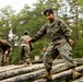 Multiple individuals in U.S. Marine Corps MARPAT woodland digital camouflage uniforms are navigating a log obstacle course in a forested outdoor training environment. The foreground subject, a female Marine, is balancing and stepping across horizontal logs with focused concentration. The scene depicts a military physical training or obstacle course exercise.