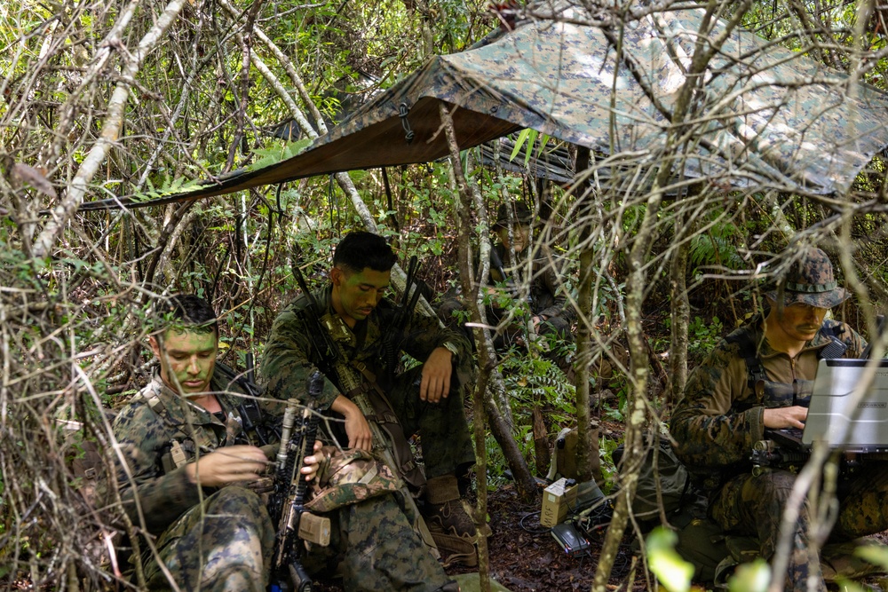 Three military personnel in camouflage uniforms are positioned in a dense jungle or forest environment under a camouflage tarp shelter. They appear to be at a field operations post, with one soldier operating what appears to be a laptop or communications device. The soldiers have green face paint applied, indicating a field exercise or tactical operation.