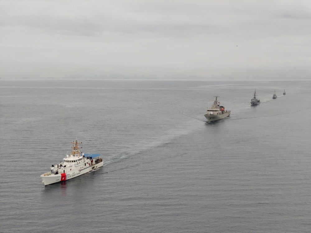 U.S. Coast Guard and partner nations conduct a formation sail during PANAMAX26
