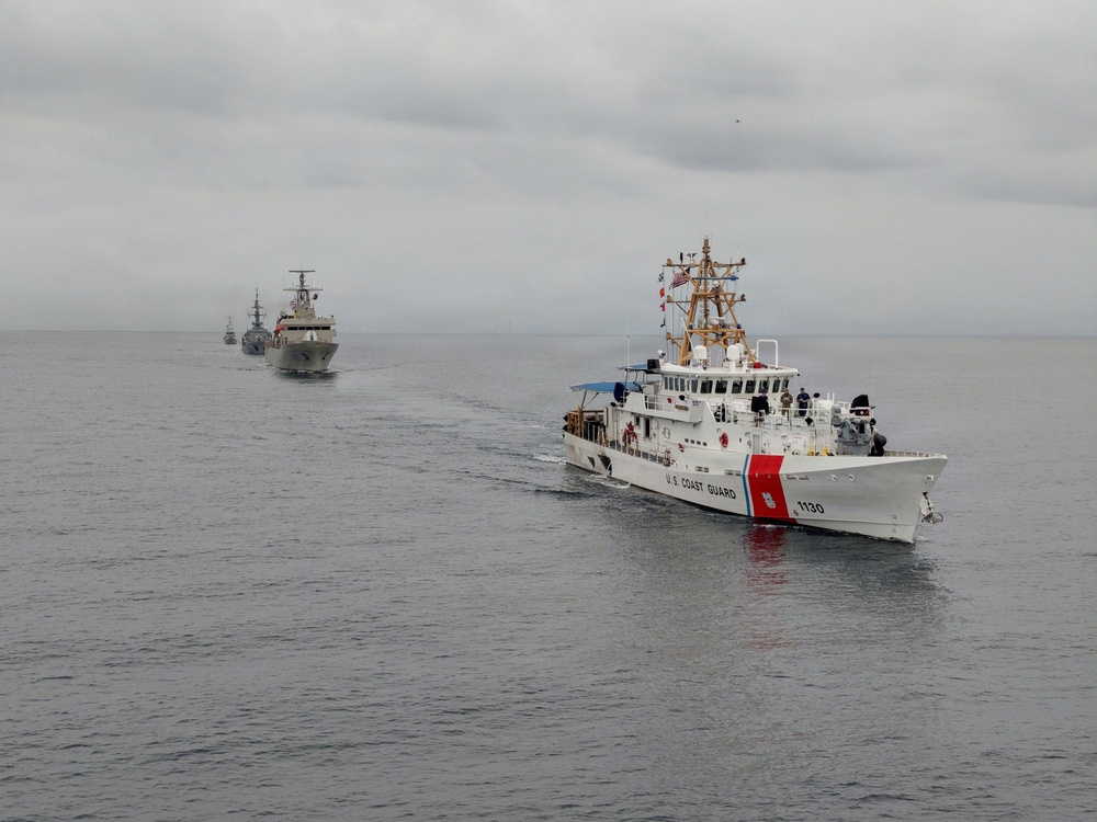 U.S. Coast Guard and partner nations conduct a formation sail during PANAMAX26