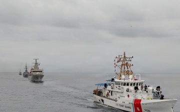 U.S. Coast Guard and partner nations conduct a formation sail during PANAMAX26