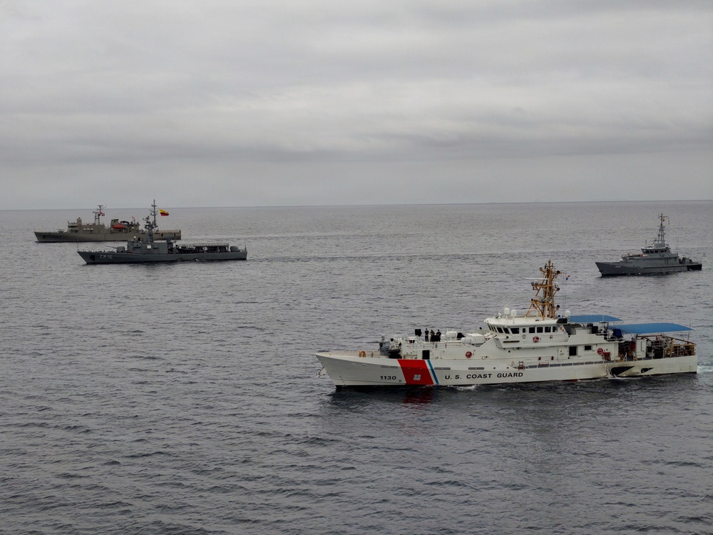 U.S. Coast Guard and partner nations conduct a formation sail during PANAMAX26